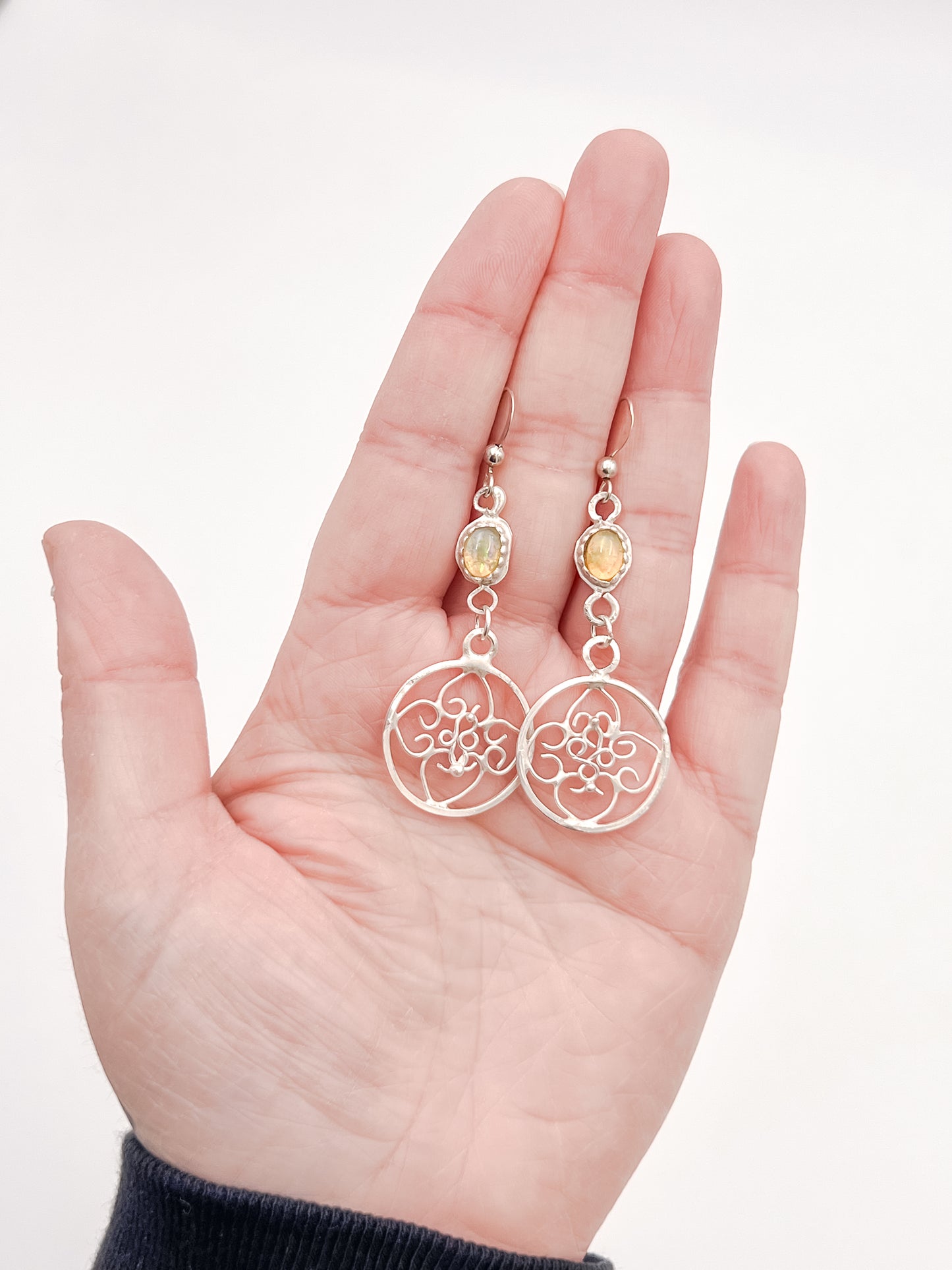 Opal In Silver Filigree Earrings