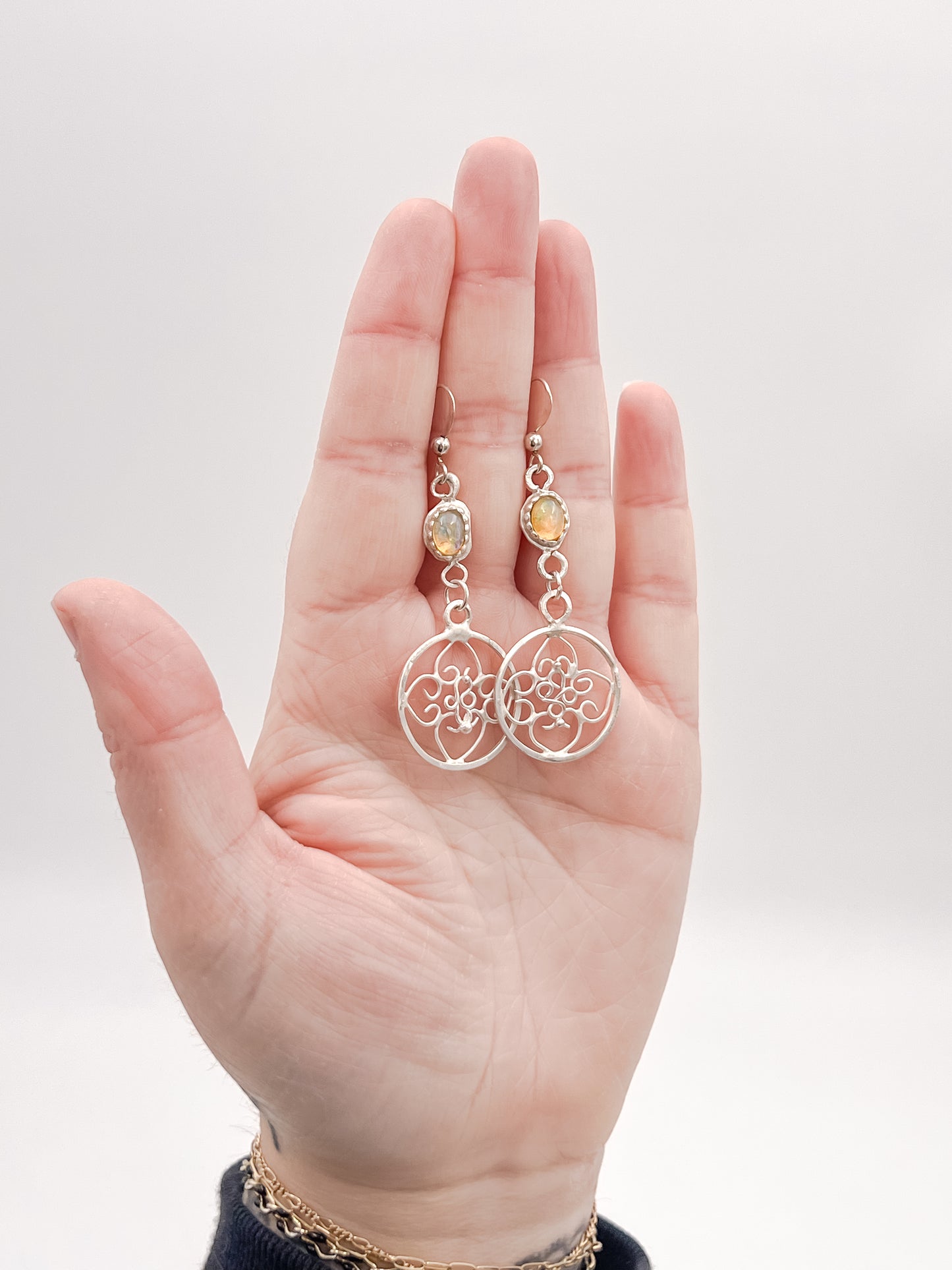 Opal In Silver Filigree Earrings