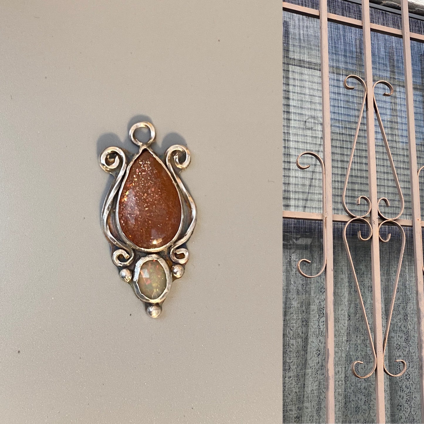 "This stunning Sterling Silver piece, featuring a sparkling Sunstone and mesmerizing Ethiopia Opal, combines industrial-inspired design with vintage charm. The delicate yet sturdy construction makes it the perfect addition to any stylish jewelry collection."