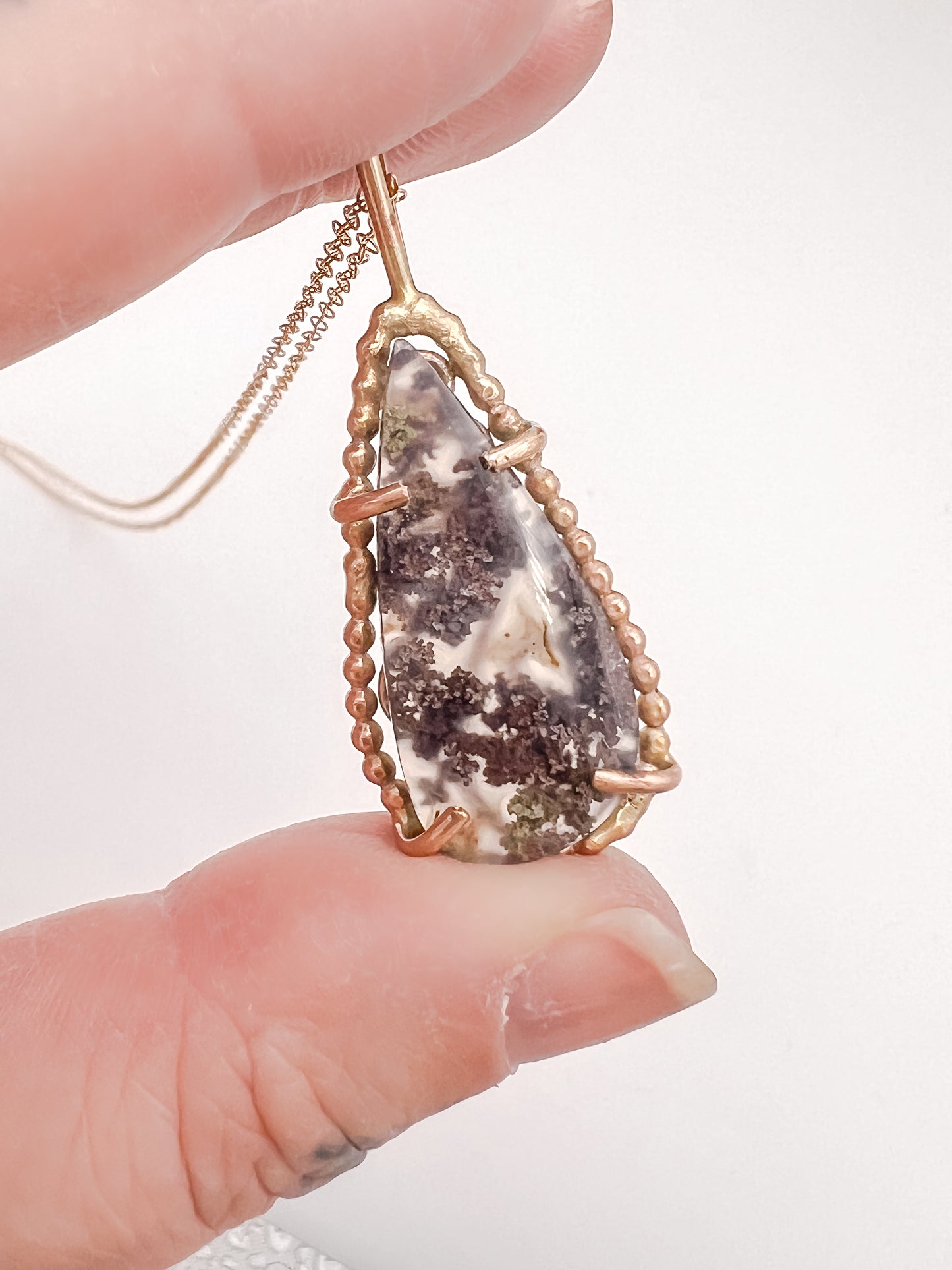 Moss Agate Filigree Pendant in 14K GF